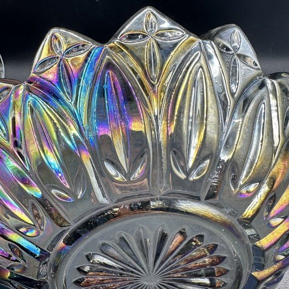 Federal Glass Bowl Petal Pattern Smoke Iridescent Amethyst Carnival 10.25" Vtg - Picture 8 of 12